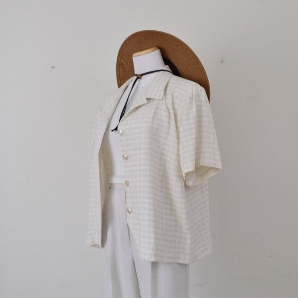 Plus Size Vintage 80s Plaid Rayon/Acetate/Flax Button Down Blouse Size 18/20 - Picture 9 of 10